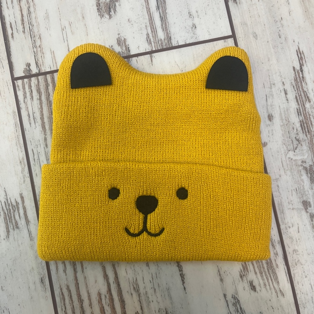 UnisexToddler Knit Hat – Yellow Bear Pattern Beanie | Warm Fall & Winter Cap